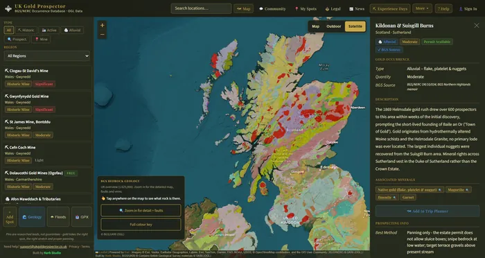 Geology overlay on the UK Gold Prospector map